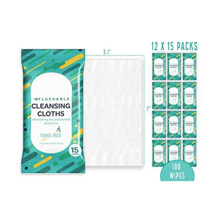 15 Count Private Label Flushable & Plant Based Organic Wipes With Soothing Aloe and Calendula