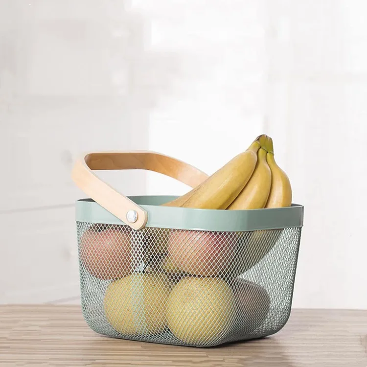 Mesh Steel Storage Organizer Basket Multi Functional Metal Wire Hanging Kitchen Baskets Fruit Basket With Bamboo Handle