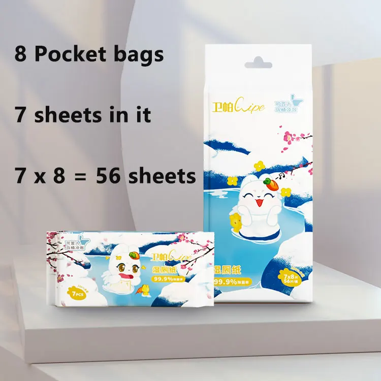 56 pieces Pocket Style High Quality Soft Organic Flushable Portable Wet Toilet Paper, Wet Toilet Paper
