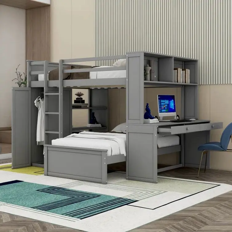 Modern Home Furniture Wooden Bedroom Bunk Loft Bed Fram Furniture Full Size Bunk Bed with Twin Study Desk