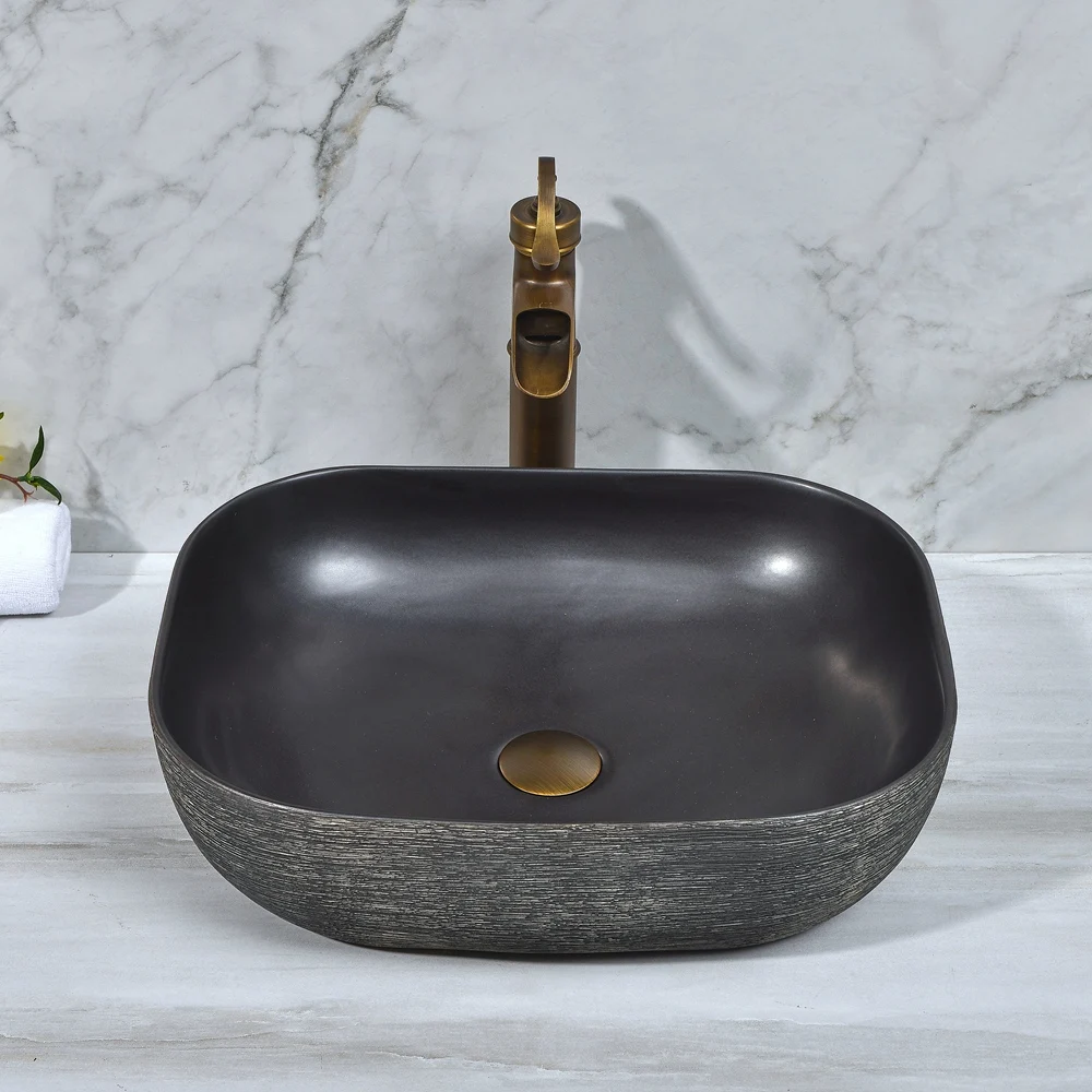 Оптовая продажа ручная резная двухслойная дизайнерская раковина черного цвета из художественного фарфора овальной формы для умывальника