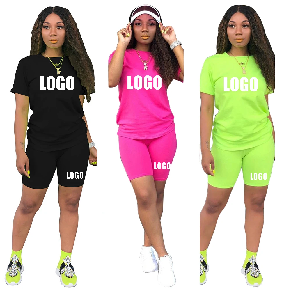
Custom Logo Wholesale Women Clothing Short Sleeve Plus Size T Shirts & Pants 2 Piece Casual Women Outfit Neon Two Piece Sets 