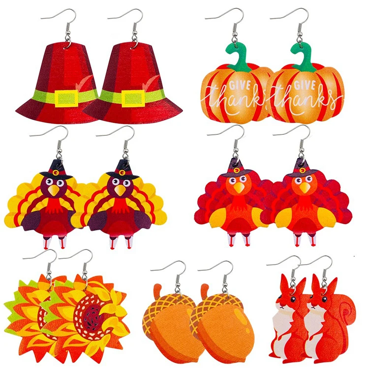 Double-sided printed letter leather holiday jewelry ladies fashion Thanksgiving Turkey squirrel pine cone acrylic earrings