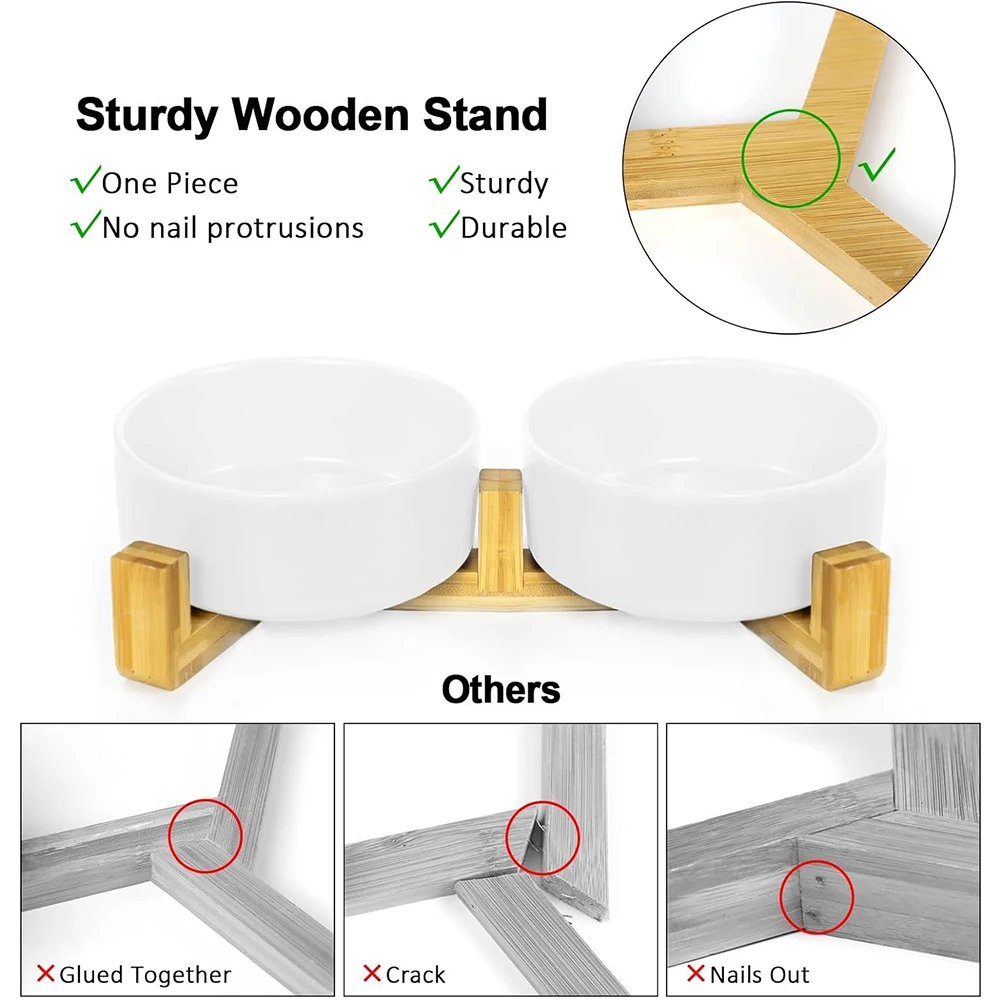 Dog Bowls Ceramic Small Cats Food Water Bowl Set with Wooden Stand Puppy Bowls for Dogs and Cats White Dog Dishes Pet Feeding