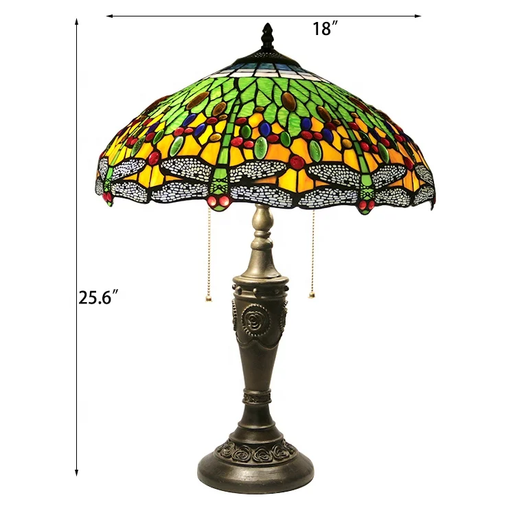 LongHuiJing Tiffany Style Dragonfly Design 2-light Table Lamp  Stained Glass Lampshade Deskt Light With Antique Resin Base