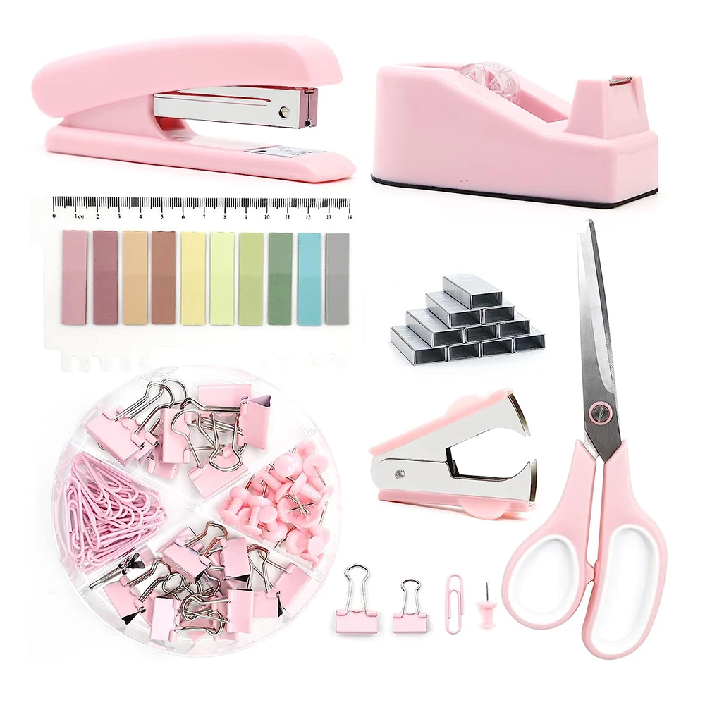 Pink Desk Accessories Staple Remover Paper Clips Scissor And Stapler Tape Dispenser Set For Students