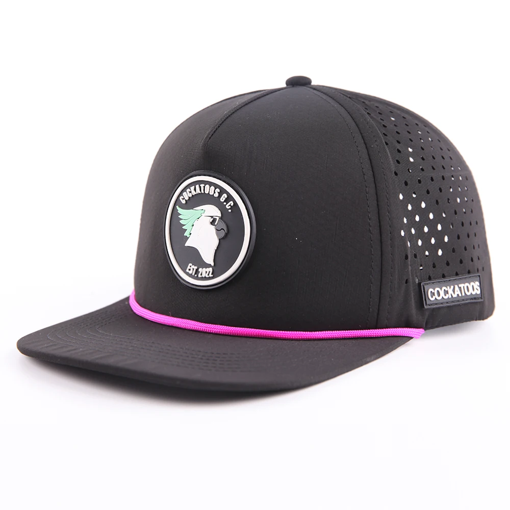 Custom 5 Panel Rubber Patch label Flat Bill Hip Hop Snapback Caps,Waterproof Laser Cut Hole Perforated Hat