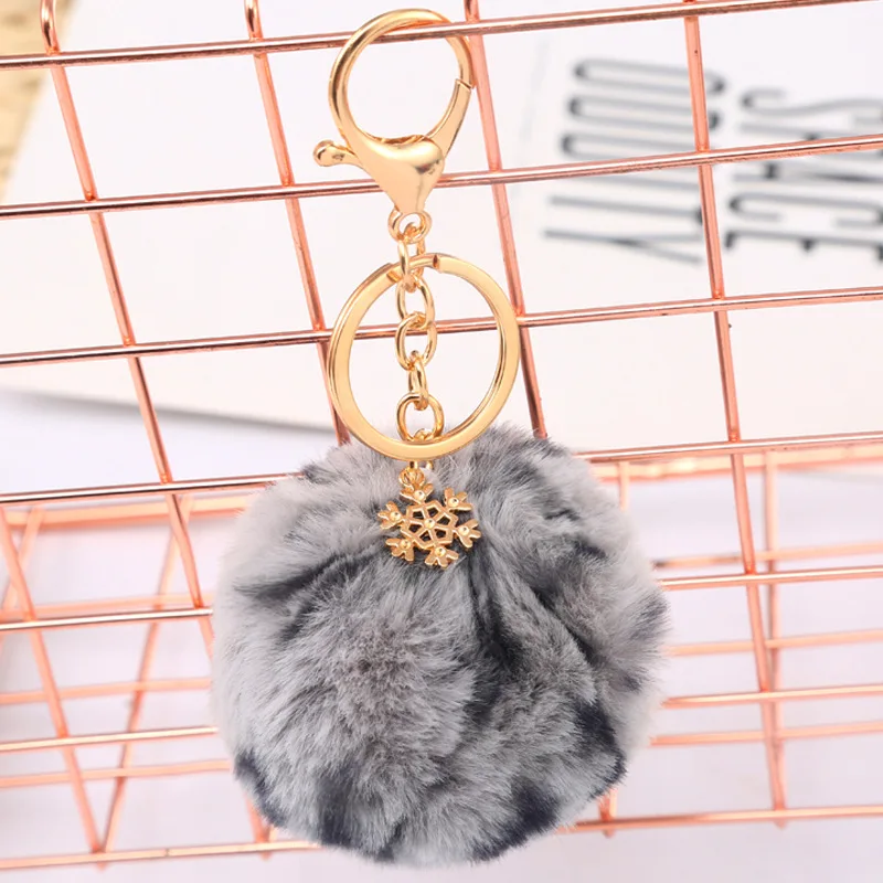 2021 Christmas Snowflake Plush Keychain Faux Rabbit Fur Puff Ball Alloy Pendant Bag Ornament Keychain