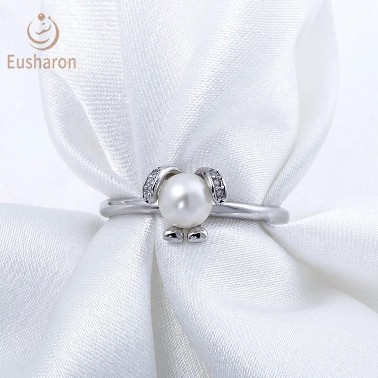 Retro Shinning Long Ear Rabbit Sterling Silver Freshwater Pearl Jewelry Wedding Ring Set Couple