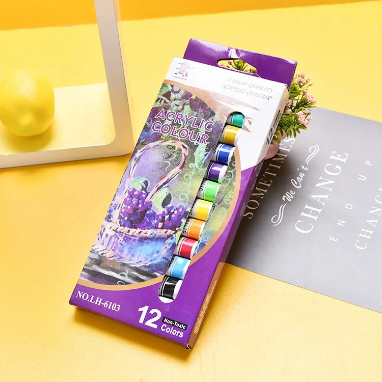 Acrylic Paint Set Non Toxic 12ml 12 Colors Tubes Pigment Paints for Canvas Wood Clay Fabric Ceramic Crafts for Kids and Adults