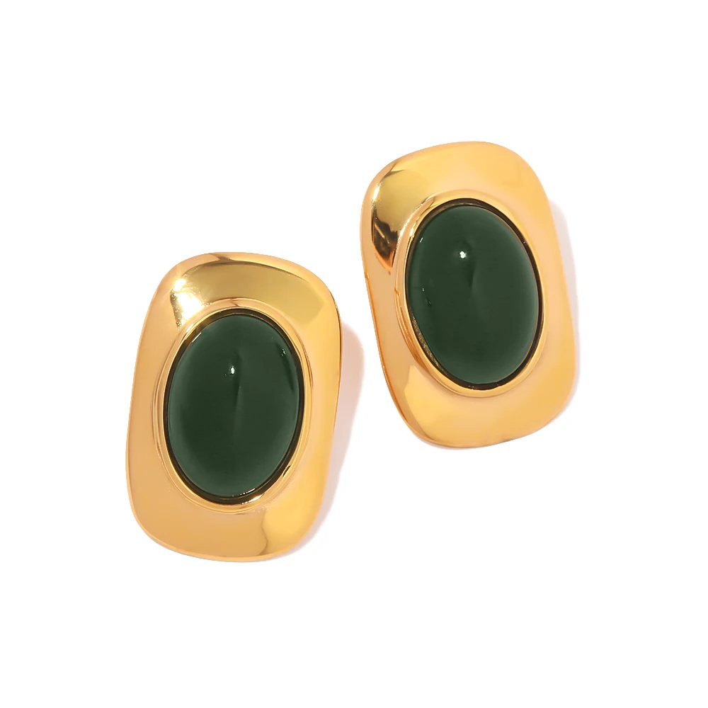 Classic Green Cat Eye Opal Shape Inlaid Stud Earring Waterproof Stainless Steel 18 k Gold Plated Jewelry