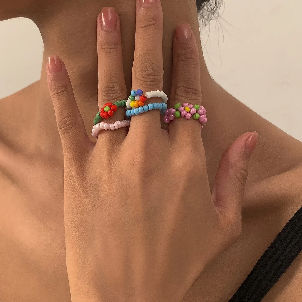 Cute Multi Color Hand-Woven Elastic Rope Adjustable Rice Bead Ring Bohemian Flower Finger Rings
