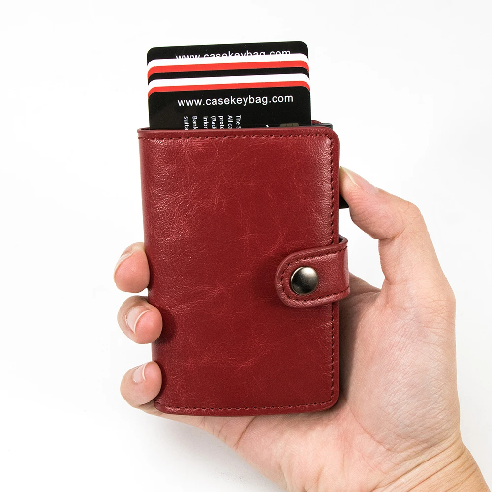 Casekey Hot Sale Fashion Pu Leather Popup Wallet RFID Safe Automatic Card Holder Tarjetero Metal Aluminum Bank Credit Cardholder