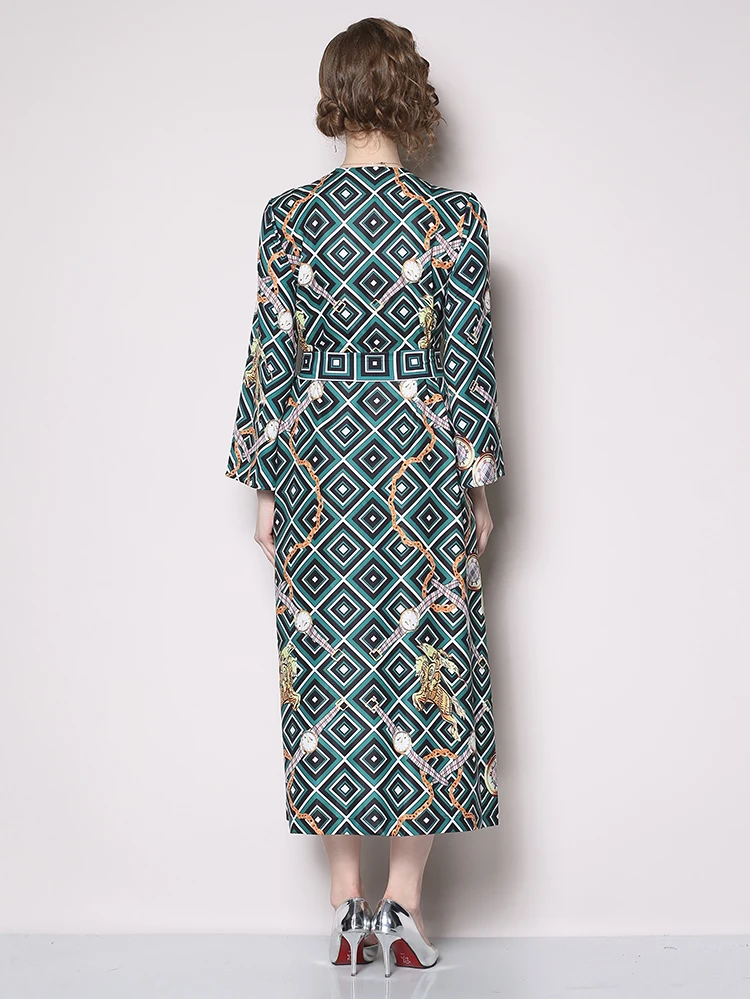 Wholesale Women New Fashion V Neck Wide Cuff Wrist Long Sleeve Plaid Print Long Dress