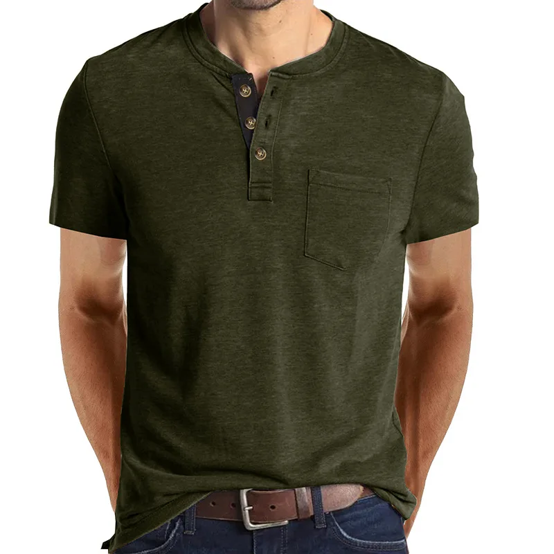 Fashion Design Slim Fit Solid T-shirts Male Summer men button Solid t shirts with pocket