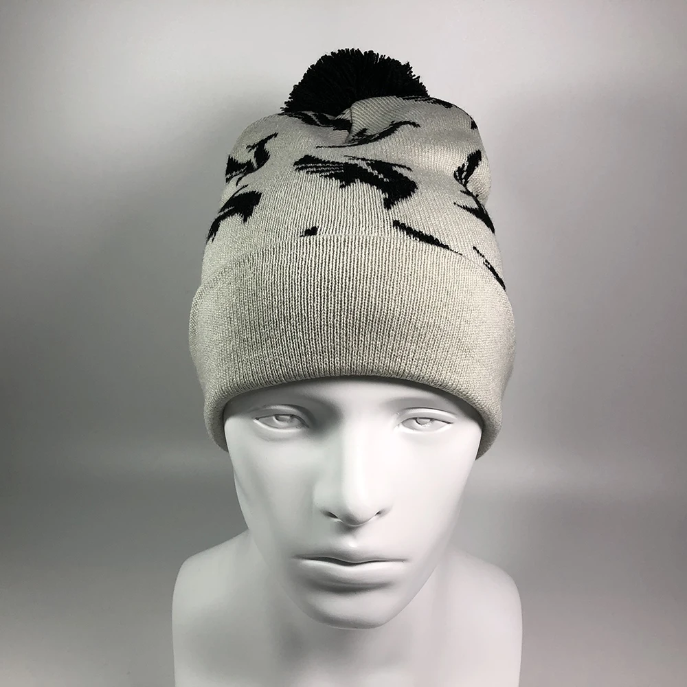 Russian winter hat with ball All over printed bird jacquard logo cuffed grey caps Custom logo outdoor sports pom pom beanie knit