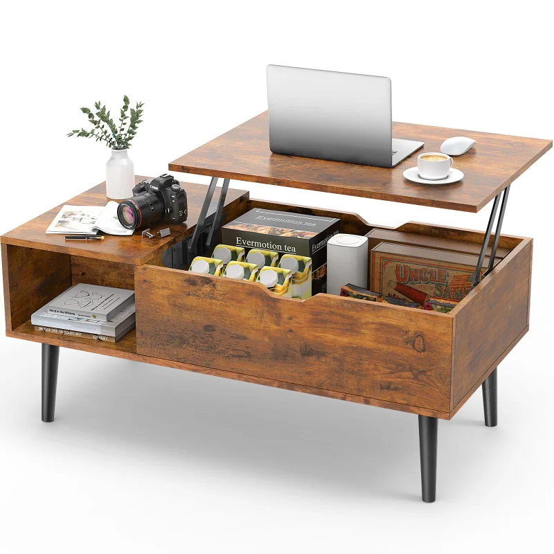 KFZ-1 Coffee Table Brown Lift Top Coffee Tables for Living Room Small Rising Wooden Dining Center Tables with Storage