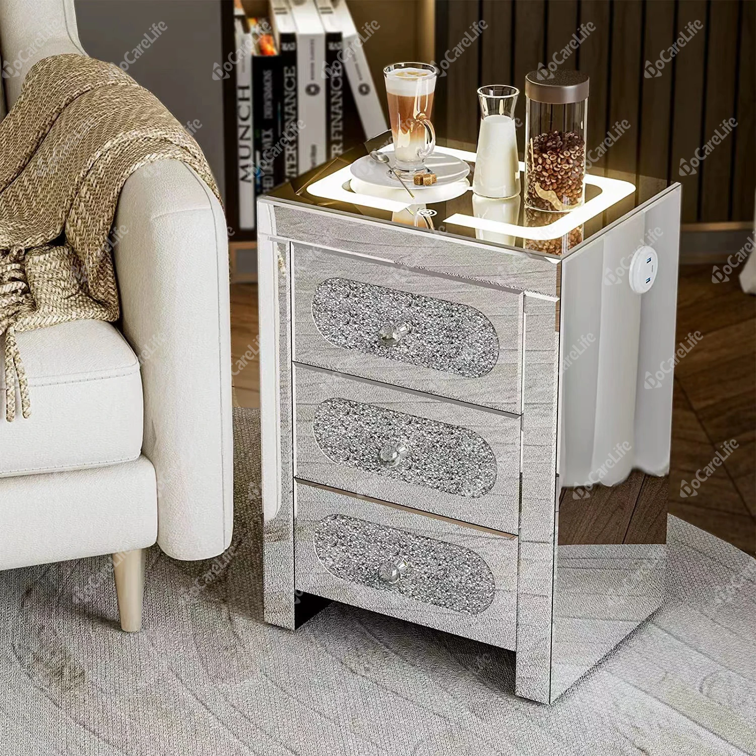 Modern Bedroom Furniture Mirrored Bedside Table 3 Drawers End Table Mirrored Nightstands with Wireless Charging, USB, LED Light