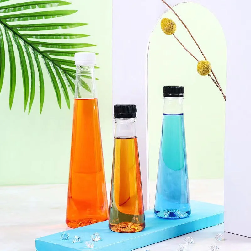 New Design 140ml 200ml 250ml 300ml 350ml 450ml Cone Shape PET Plastic Juice Bottle For Milk Tea liquor wine Beverage Packing