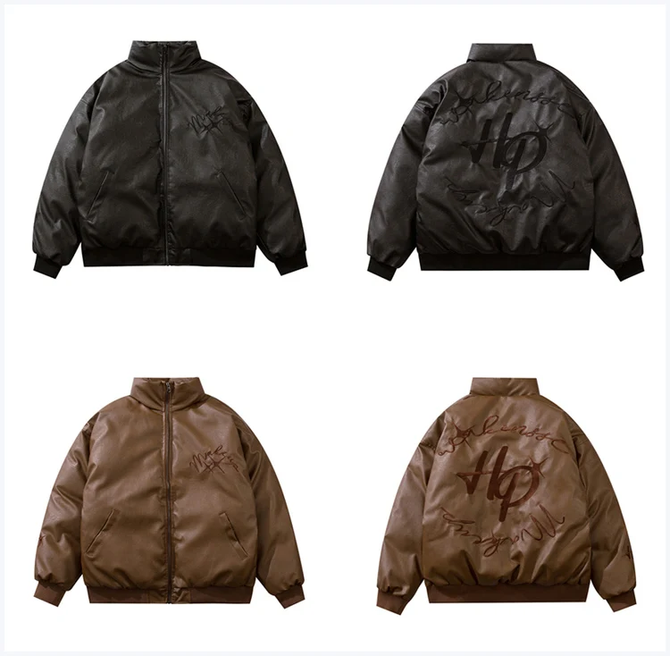Oem Mens Retro Embroidery Coat Custom Logo Cotton-padded Jacket Pu Leather Jacket Men
