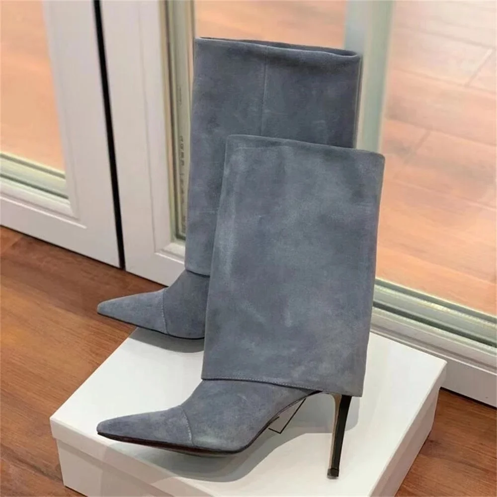 Winter Pointed Toe Slip On Ankle Boots Ladies Turned-Over Edge Suede Short Booties Women Stiletto High Heel Shoes