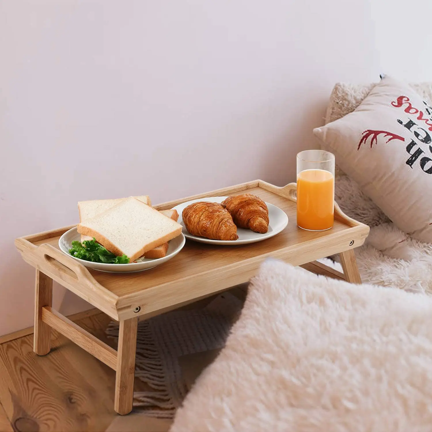 Adjustable Natural Bamboo wooden Folding Bed Table Handles Laptop Desk