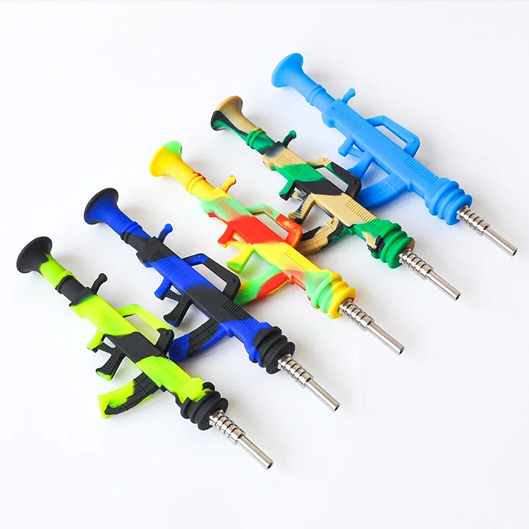 Gun shape AK47 smoking pipe Wax oil Silicone Nectar Collector with14mm Stainless Steel