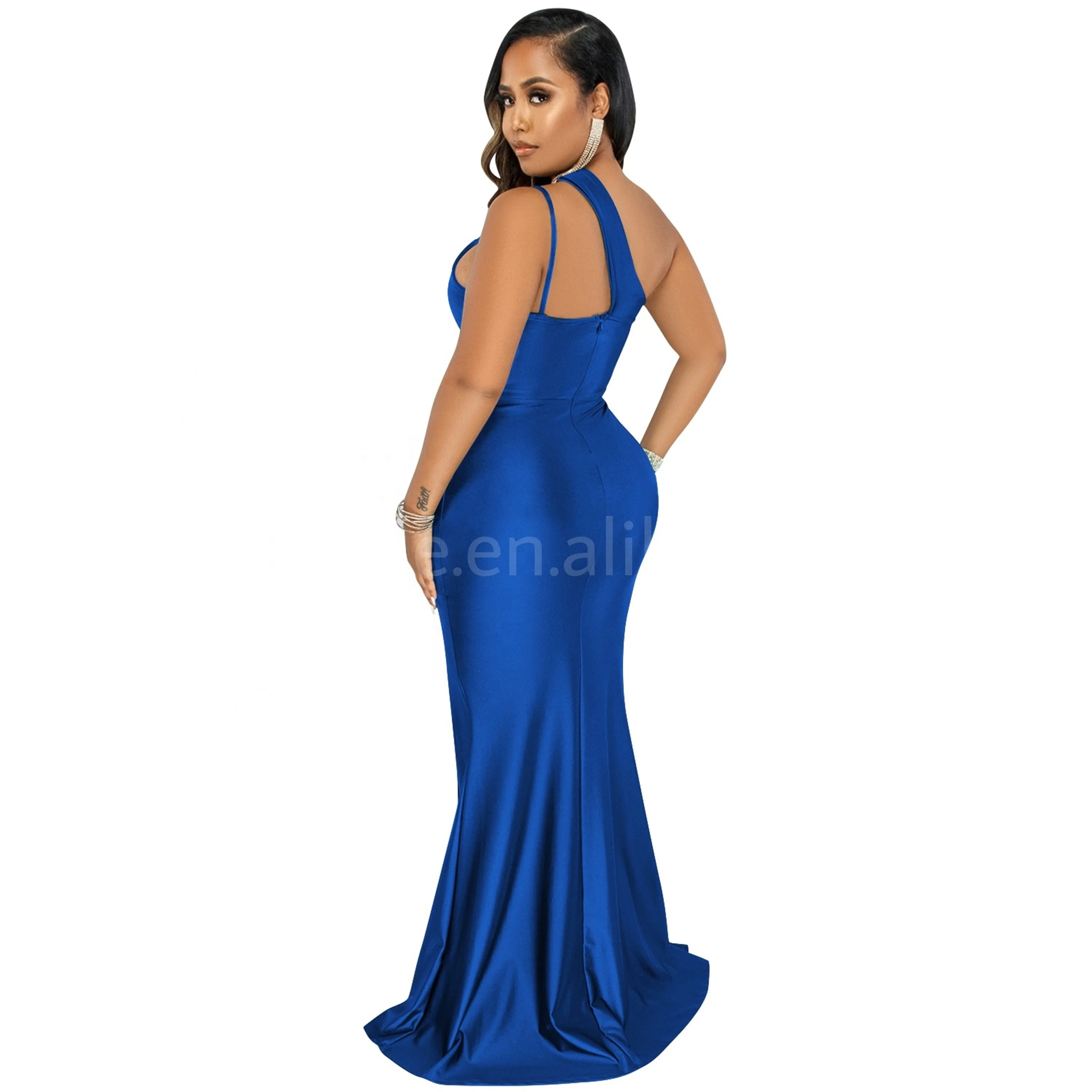 Summer 2024 One Shoulder Skew Neck High Side Split Midi Mermaid Lady Dresses Women Elegant Cut Out  Formal Evening Maxi Dress