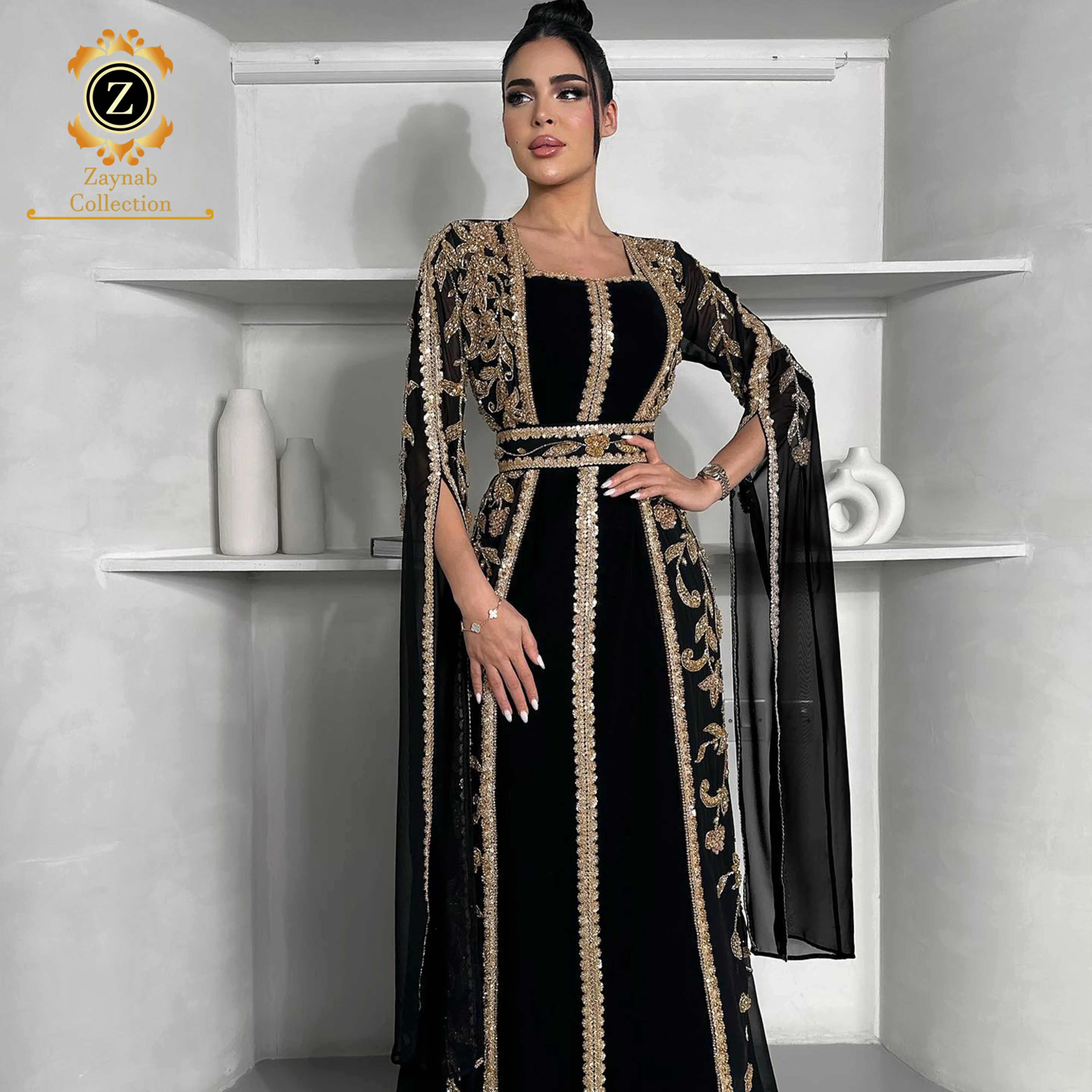 Zaynab Elegant Abaya Turkish Dresses Women Abaya Modern Satin Crystal Dress Front Open Moroccan Elegant Abaya