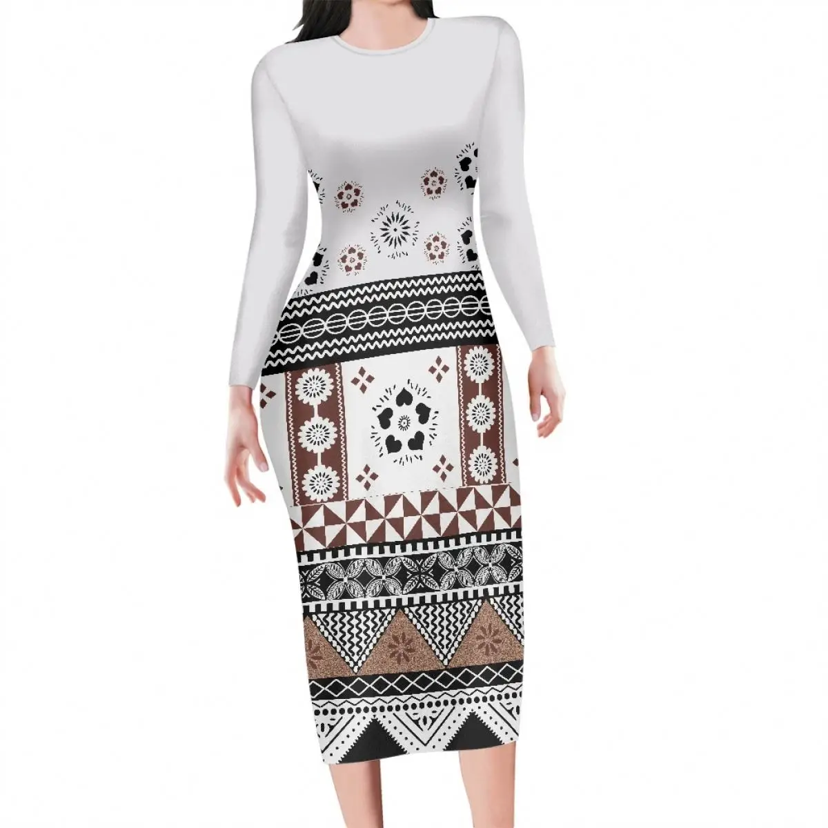 Woman Long Sleeve Bodycon Dress Polynesian Tribal Fiji Flower Print  Women Club Dresses Sexy Custom Plus Size Dress For Woman