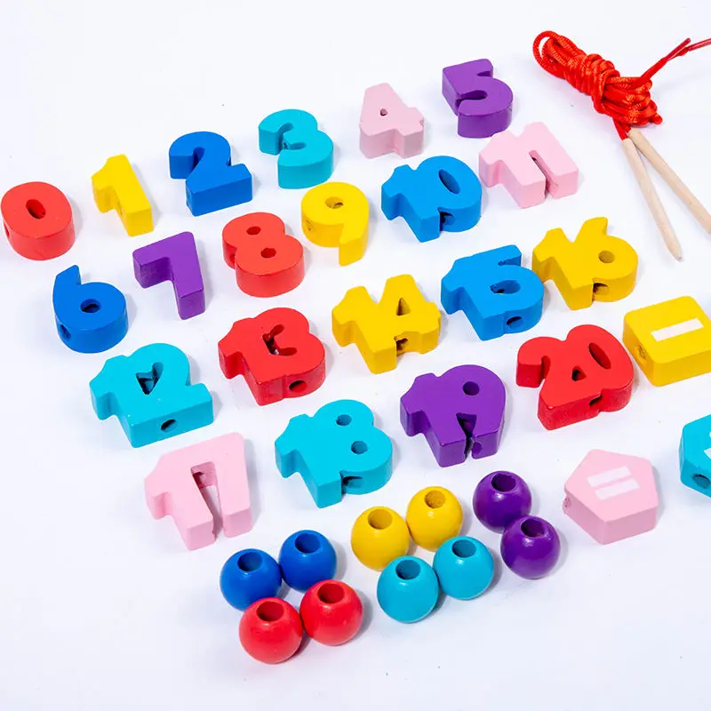 Intelligent Wooden Letter Threading Bead Toy Kids Educational Building Block Set Arabic English Russian Digital Calculating