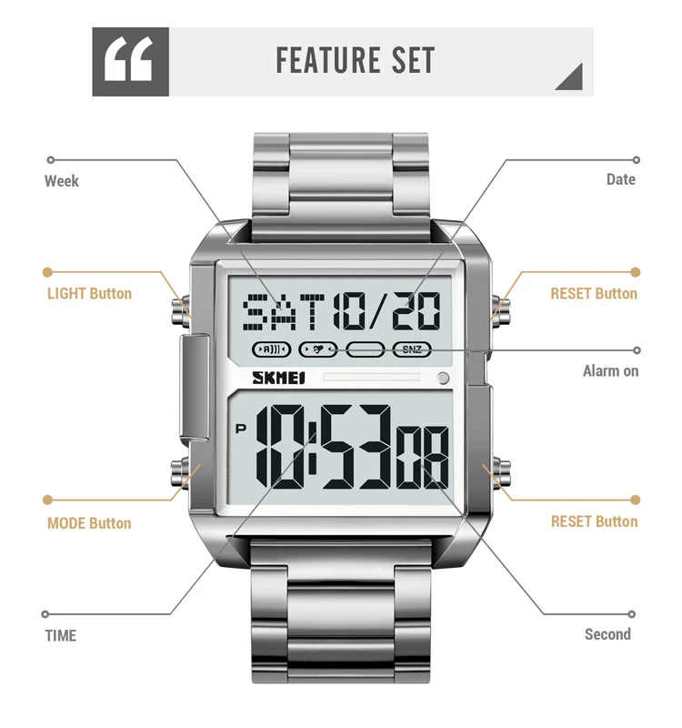 SKMEI #2299 PC case cheap version of 1584 chrono steel band Japanese battery long life man digital watch