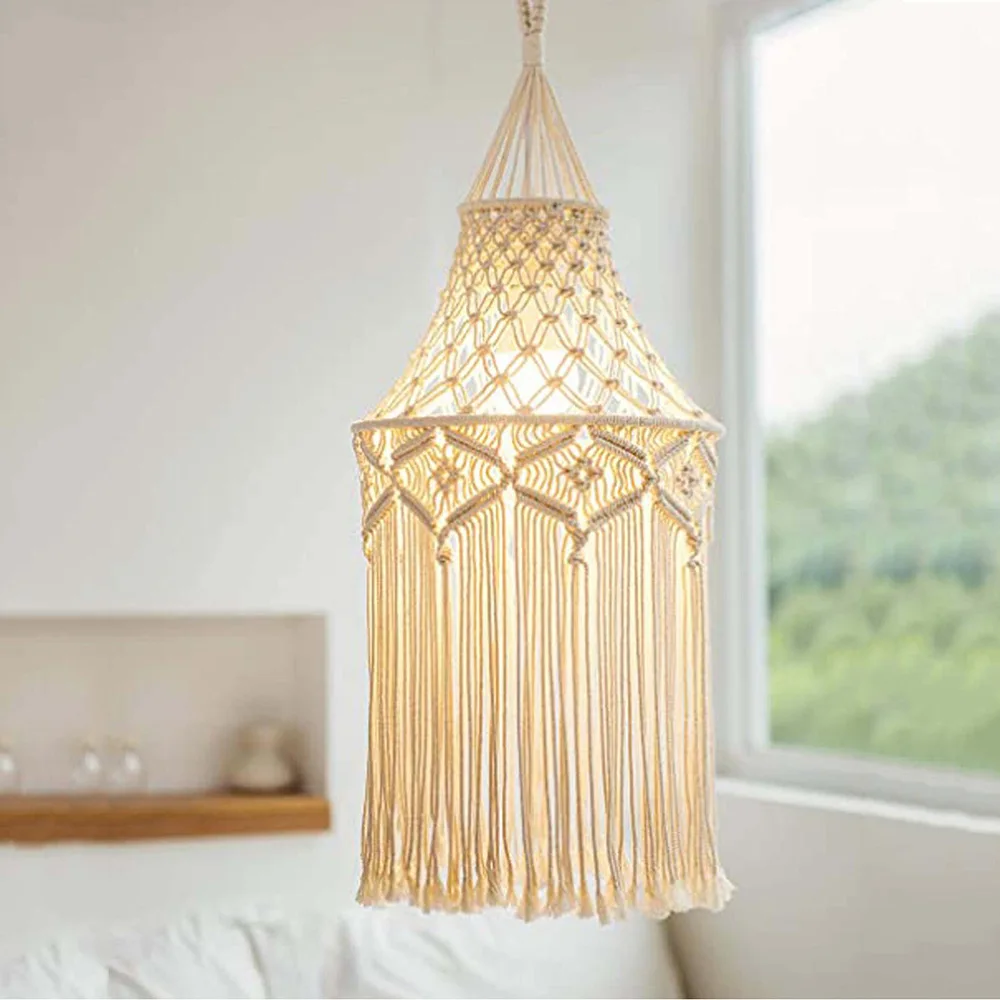 Bohemian Home Decor Macrame Woven Boho Fringe Chandelier Light Cover Lamp Shade Ceiling Hanging Bedroom Accessories