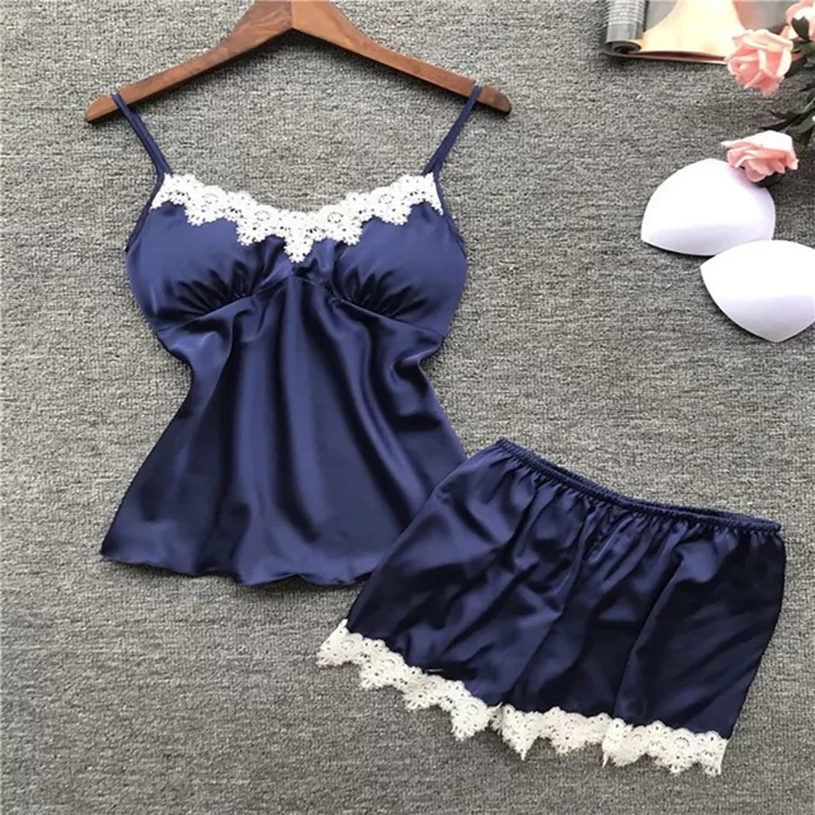 China Supplier Sexy Sleeveless  2 Pieces Satin Pajamas Set