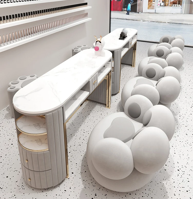 Luxury Metal Nail Bar Station Double Marble Top Nail Desk And Chair Set