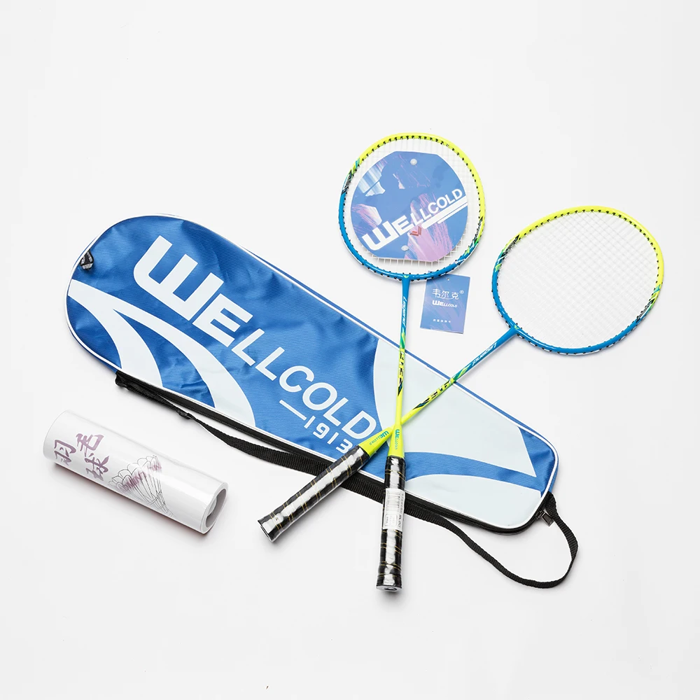 custom 2 packs 14lbs onepiece badminton racket set steel shaft badminton racquet 6pcs Plastic shuttlecocks with bag