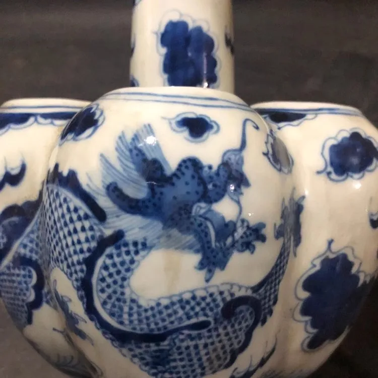 Jingdezhen Antique Porcelain Full Hand Painted Blue and White Double Dragon Vase with Five Holes