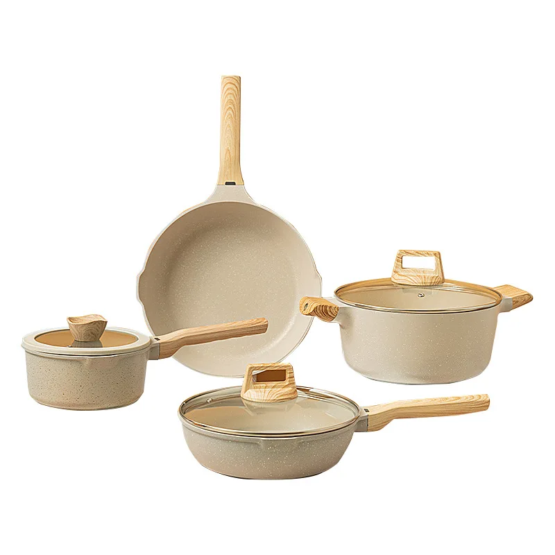 Wholesale Custom logo 4 Pcs, frying pan soup pot set Maifan Stone Non-Stick Cast Iron Cookware Set company gift box