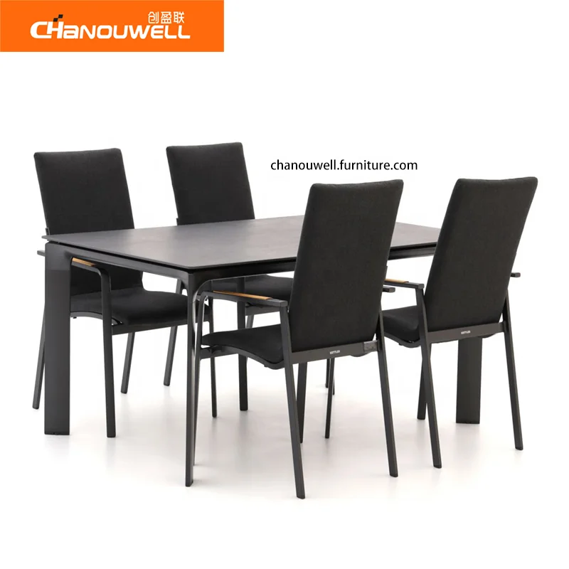 Exposed Pipe Design Sturdy And Durable Teak Handrail Aluminum Dinning Furniture Sets 4 Chairs And 1 Table