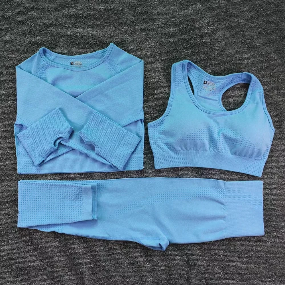 2024 New Design Wholesale Custom High Quality Long Sleeve 3 Piece Seamless Yoga Set Plus Size Gym Fitness Sets For Women