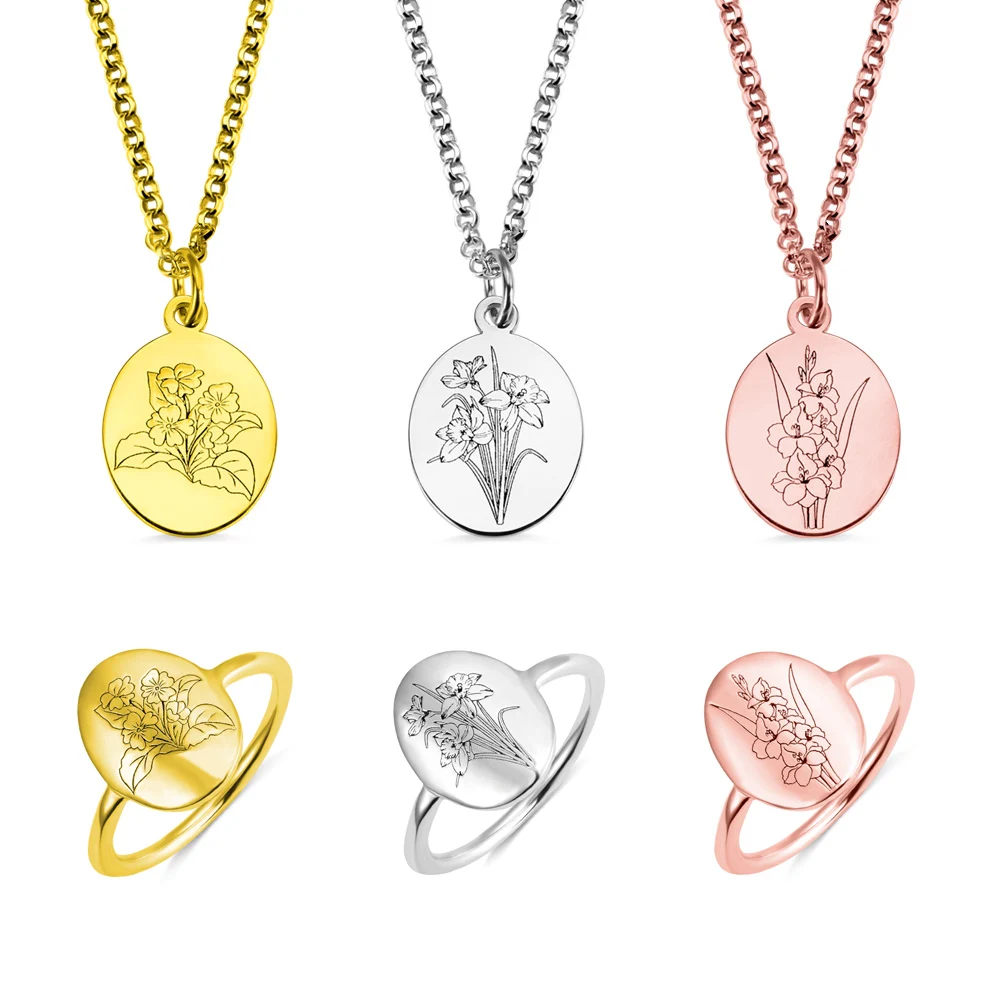 Personalized 18K gold plated 925 sterling silver birth flower engraved pendant necklace for girls
