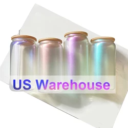 US free shipping 16oz beer juice iced rainbow glitter can shaped coke sublimation iridescent beer glass can with bamboo lid lid