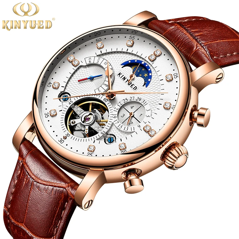 KINYUED Brand J025 White Dial Genuine Leather Watches Skeleton Moon Phase Waterproof Mechanical Men Wristwatches