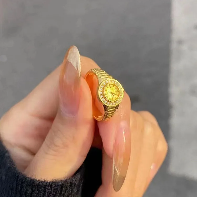 New Arrivals Copper Rhinestone Couple Ring Gold Adjustable Zircon Watch Rings For Men & Women