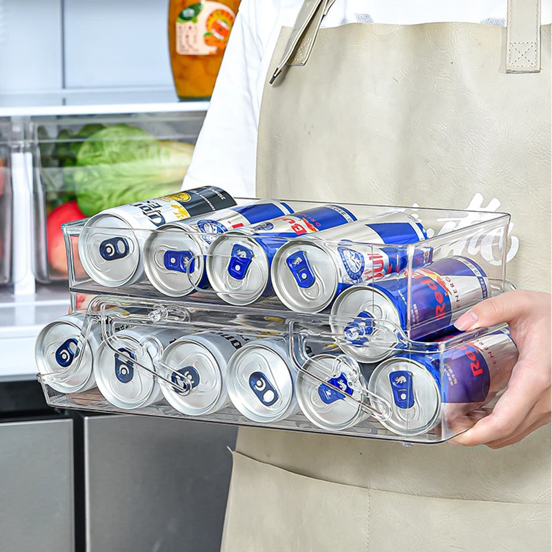 Dual Layer Automatic Rolling PET Plastic Beverage Dispenser Clear Refrigerator Organizer Beer Can Food Storage Household Fridge