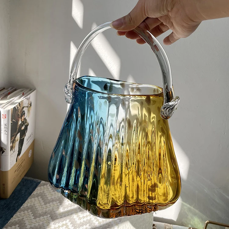 Light luxury handbag basket transparent glass vase living room decoration Purse flower Glass & Crystal Vases