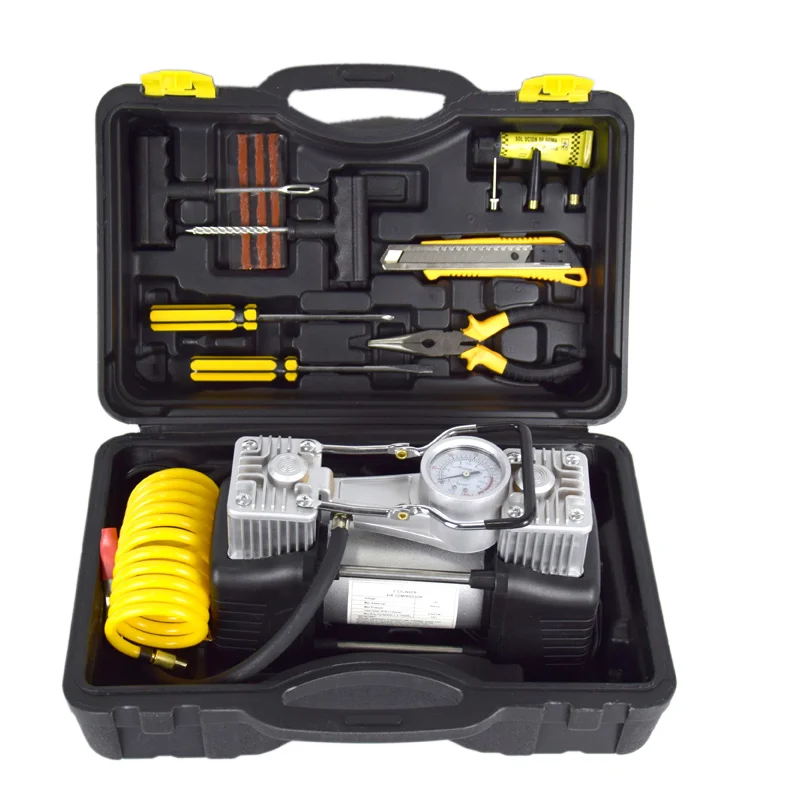 Double Cylinder Tire Inflator Heavy Duty with Portable Bag 12V Metal Air Compressor Pump 150PSI with Adapter to 150 PSI for Car