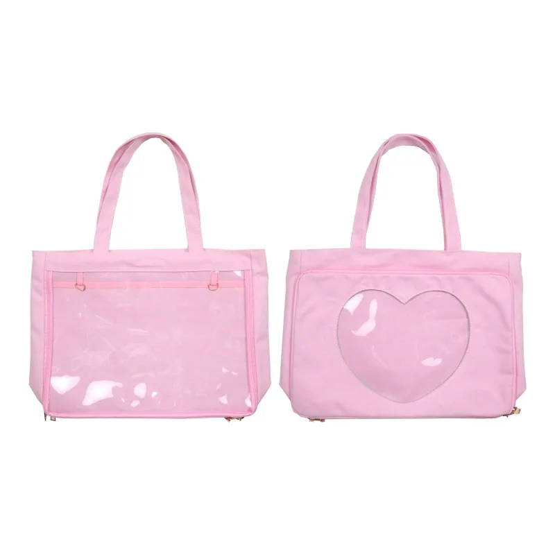 
Wholesale Stocks Hot Popular Double Two Transparent Windows Heart Shape Ita Bag Canvas Hand Tote Bag 2019 
