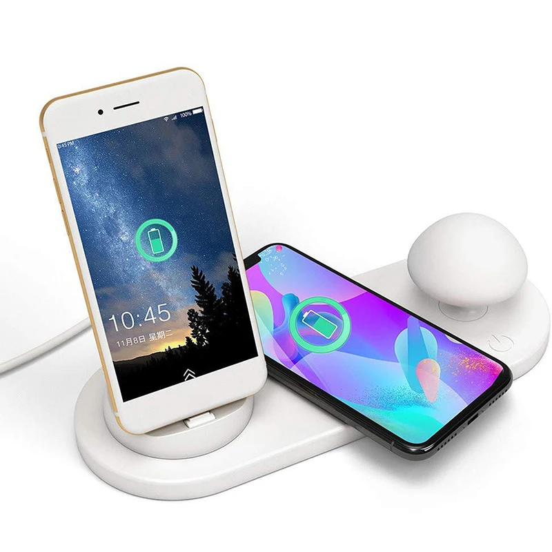 5 in 1 Wireless Fast Charger Mushroom Shape LED Night Lamp 3 Charge Dock for Universal