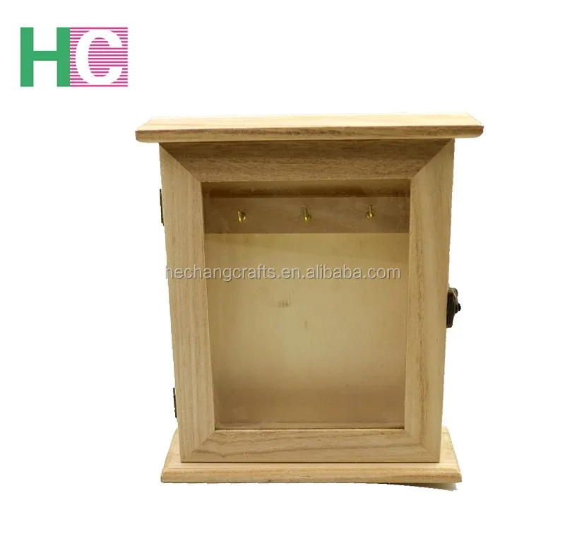 Wooden Wall indoor Mounted Key Box with glass, Natural Key Holder Cabinet